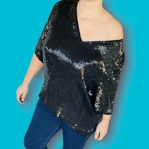 Vintage Megere silk sequin solid black top shiny glistening 80s shirt 2x